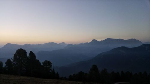 Scenic view of silhouette mountains against clear sky
