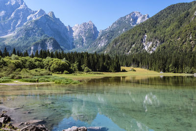 Scenic view of lake and mountains against sky