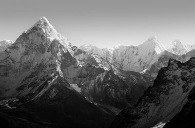 Panoramic view of snowcapped mountains against clear sky