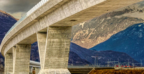 Low angle view of bridge against cloudy sky