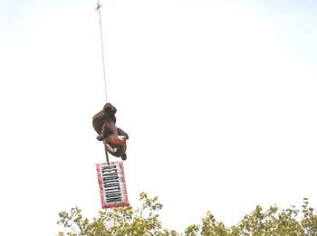 Low angle view of man holding rope against clear sky