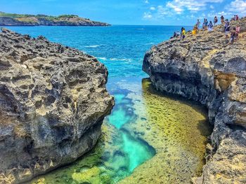 Panoramic view of rocks on beach against sky