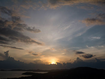Low angle view of silhouette mountain against dramatic sky