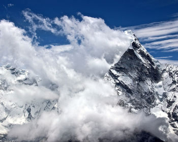 Low angle view of snow covered mountain against sky