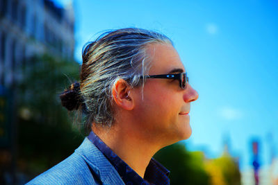 Close-up of serious businessman looking away