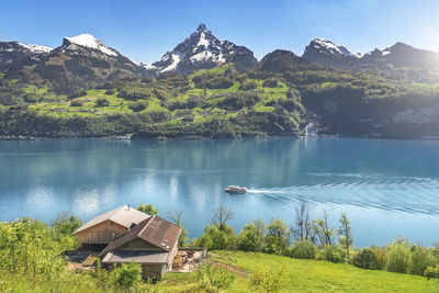 Scenic view of lake and mountains against clear sky