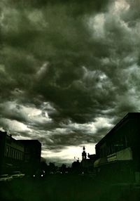 Low angle view of buildings against cloudy sky