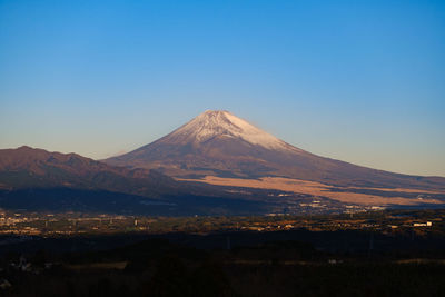 Scenic view of snowcapped mt.fuji  against clear sky