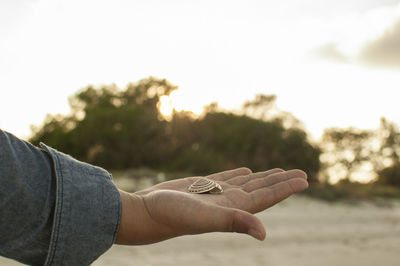 Close-up of hand holding seashell against sky