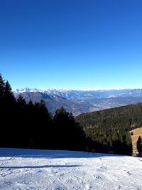 Scenic view of snow covered mountains against sky