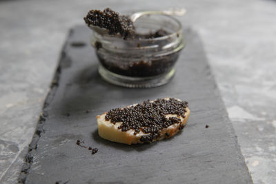 High angle view of chocolate cake on table