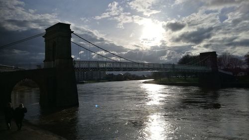 Bridge over river in city against cloudy sky