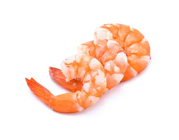 Close-up of prawns against white background