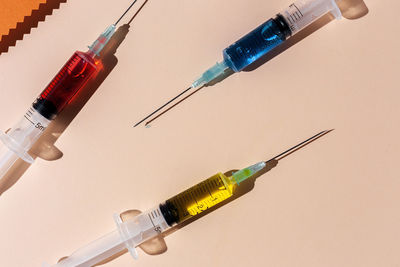 Close-up of pen on bottle against white background