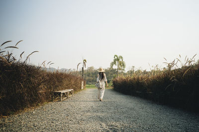 Rear view of man walking on field against sky