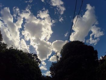 Low angle view of power lines against cloudy sky