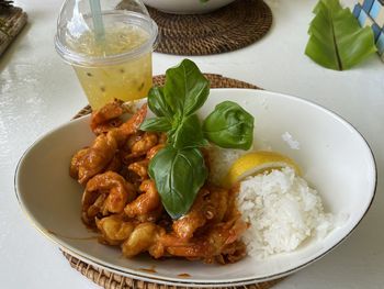 High angle view of food served on table