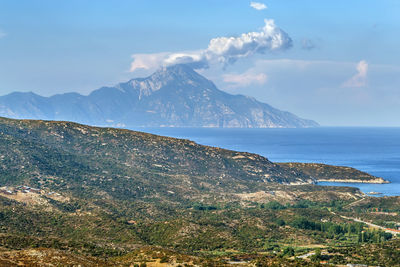 Scenic view of sea and mountains against sky