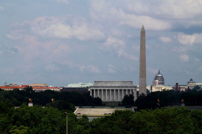 Buildings in city against cloudy sky