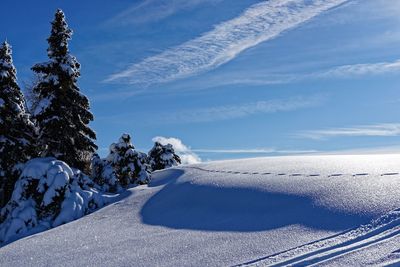 Scenic view of snow covered land against sky