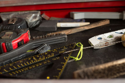 High angle view of tools on table