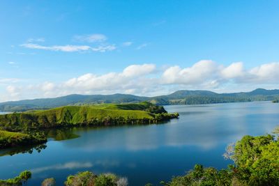 Scenic view of lake and mountains against sky