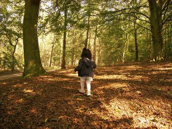 Rear view of woman walking in forest