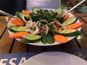 Close-up of salad served on table