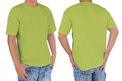 Rear view of man and woman standing against white background