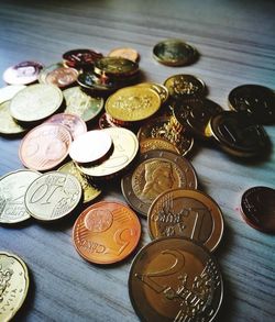 High angle view of coins on table