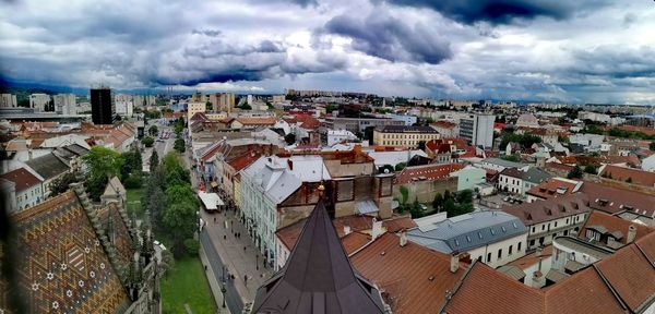 High angle shot of townscape against sky