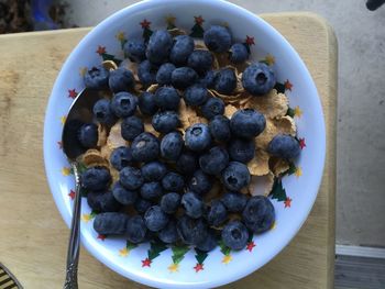 High angle view of fruits in bowl on table