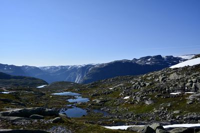 Scenic view of snowcapped mountains against clear blue sky