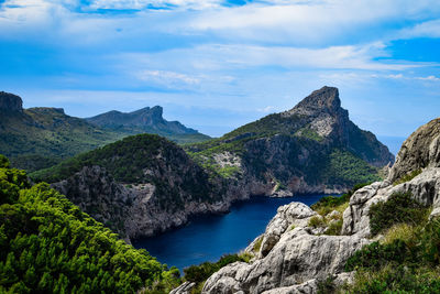 Scenic view of river amidst mountains against sky