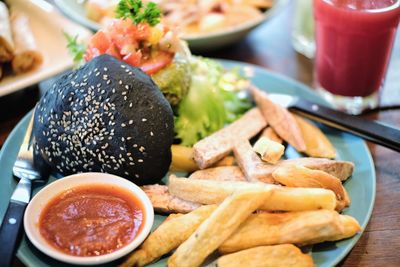 Close-up of food served on table