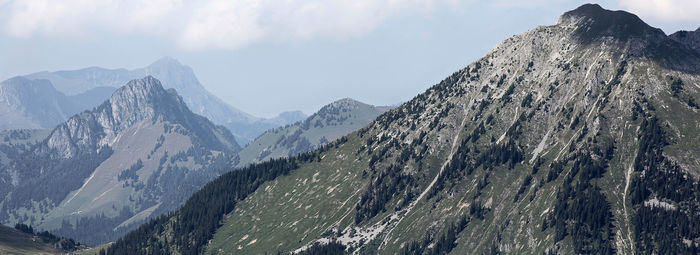 Panoramic view of snowcapped mountains against sky