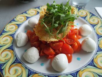 High angle view of breakfast served on table