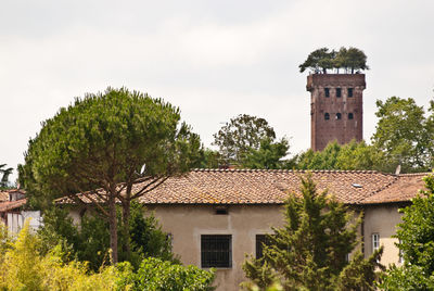 Historic building and house amidst trees against clear sky