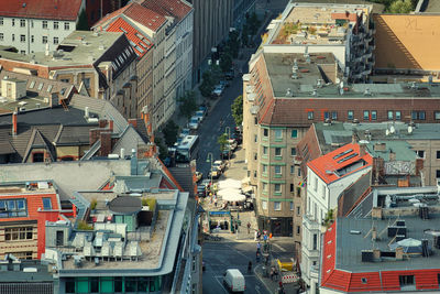 High angle view of street amidst buildings in city