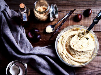 High angle view of food in bowl on table