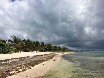 Scenic view of beach against cloudy sky