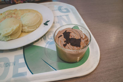 High angle view of breakfast served on table