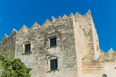 Low angle view of old building against clear blue sky