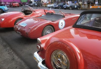 Close-up of vintage car on road