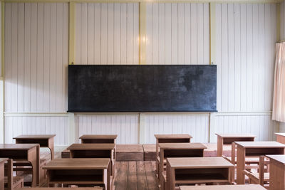 Empty chairs and table in room