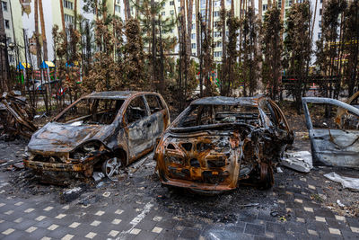 Cars burned down on the street. irpin, bucha, gostomel.