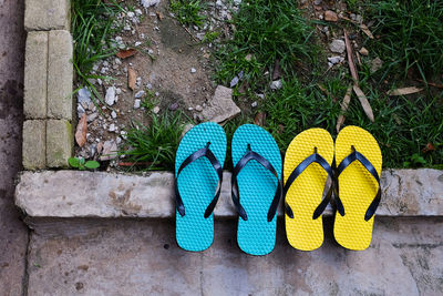 High angle view of various shoes on plants at beach