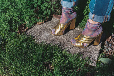 Low section of woman wearing golden heel while standing on rock at field