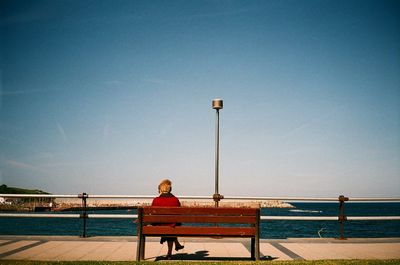 Rear view of woman sitting on bench by sea against clear sky