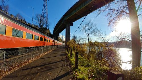 Train on railroad track against sky